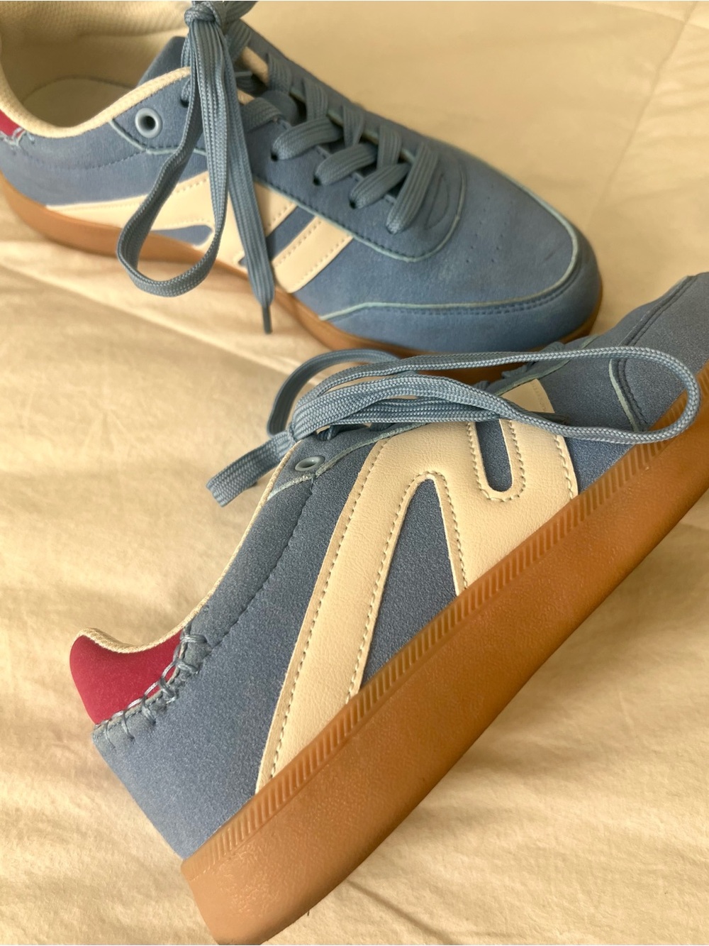 Light Blue Suede Lace-Up Sneakers with Cream Stripe and Gum Sole